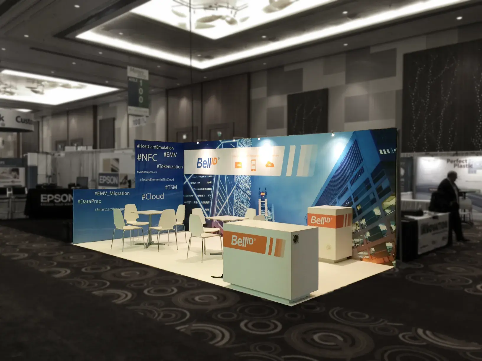 Bell ID's stand at Money20/20 with payment software demos and a meeting area