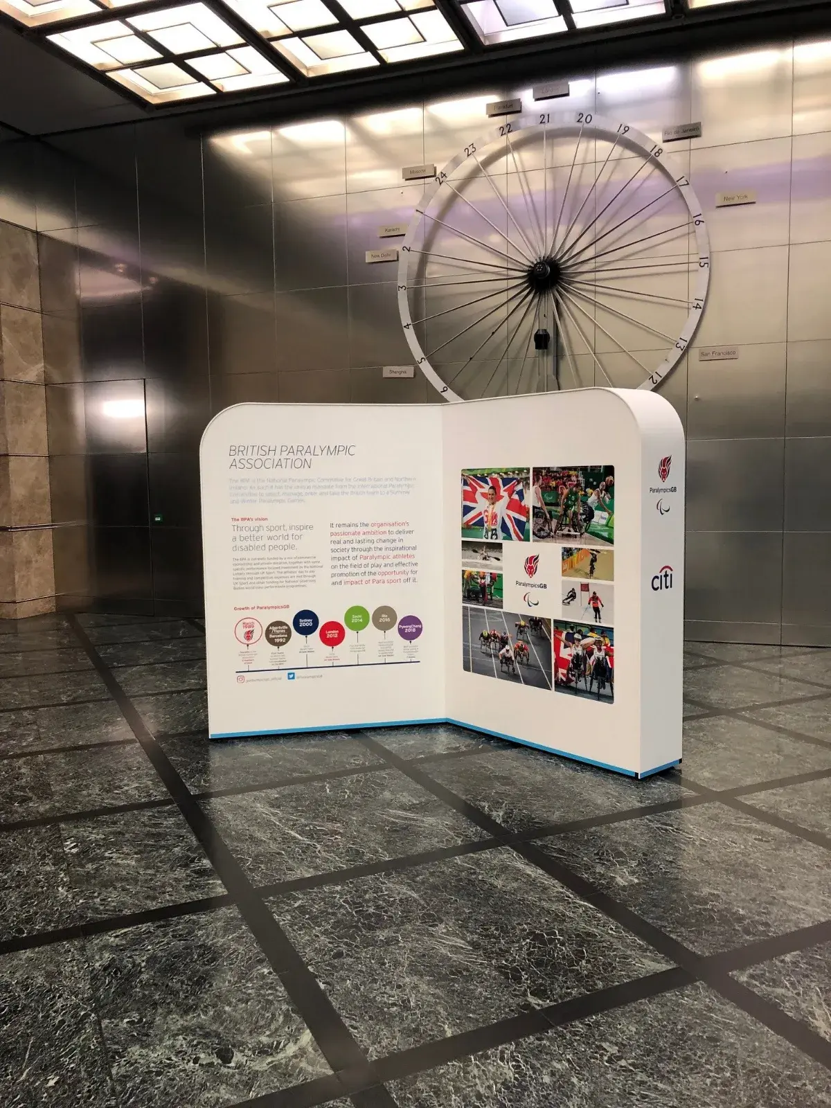 Citi Paralympic partnership exhibition panels in a lobby