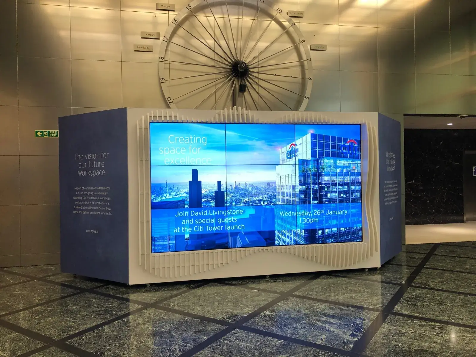 Citi's sculptural video wall installation in a building lobby