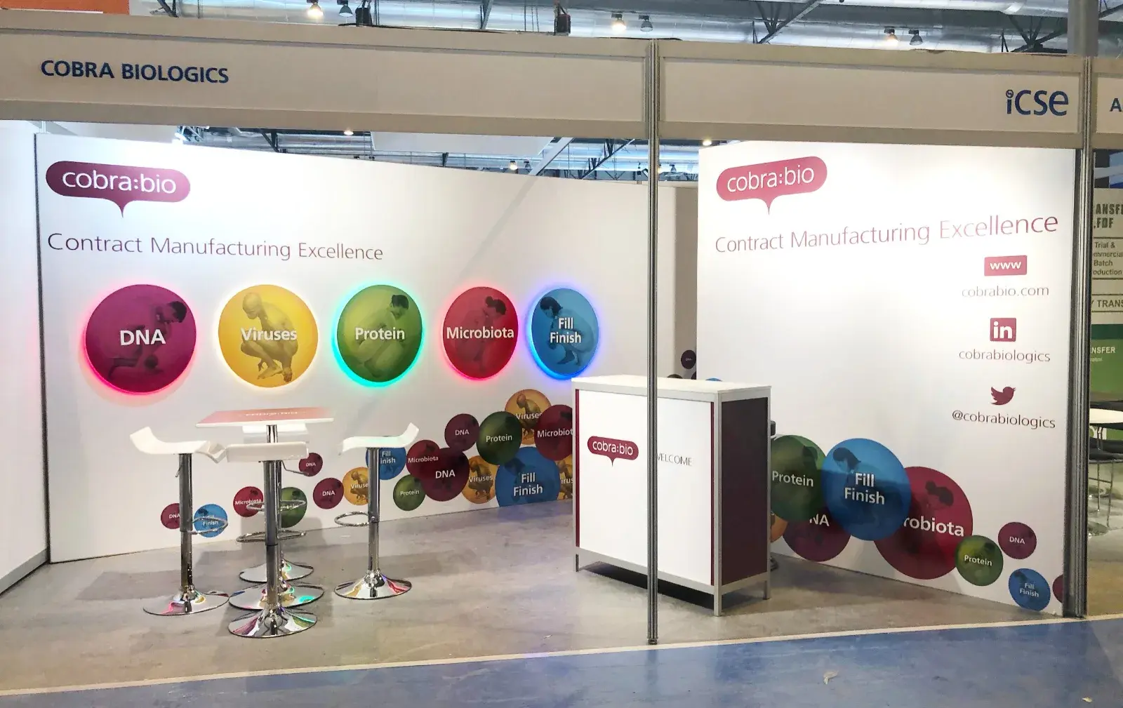Cobra Biologics' shell scheme stand at CPhI, turned into a bright showcase