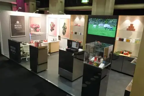 Molton Brown's retail-style exhibition stand with product displays