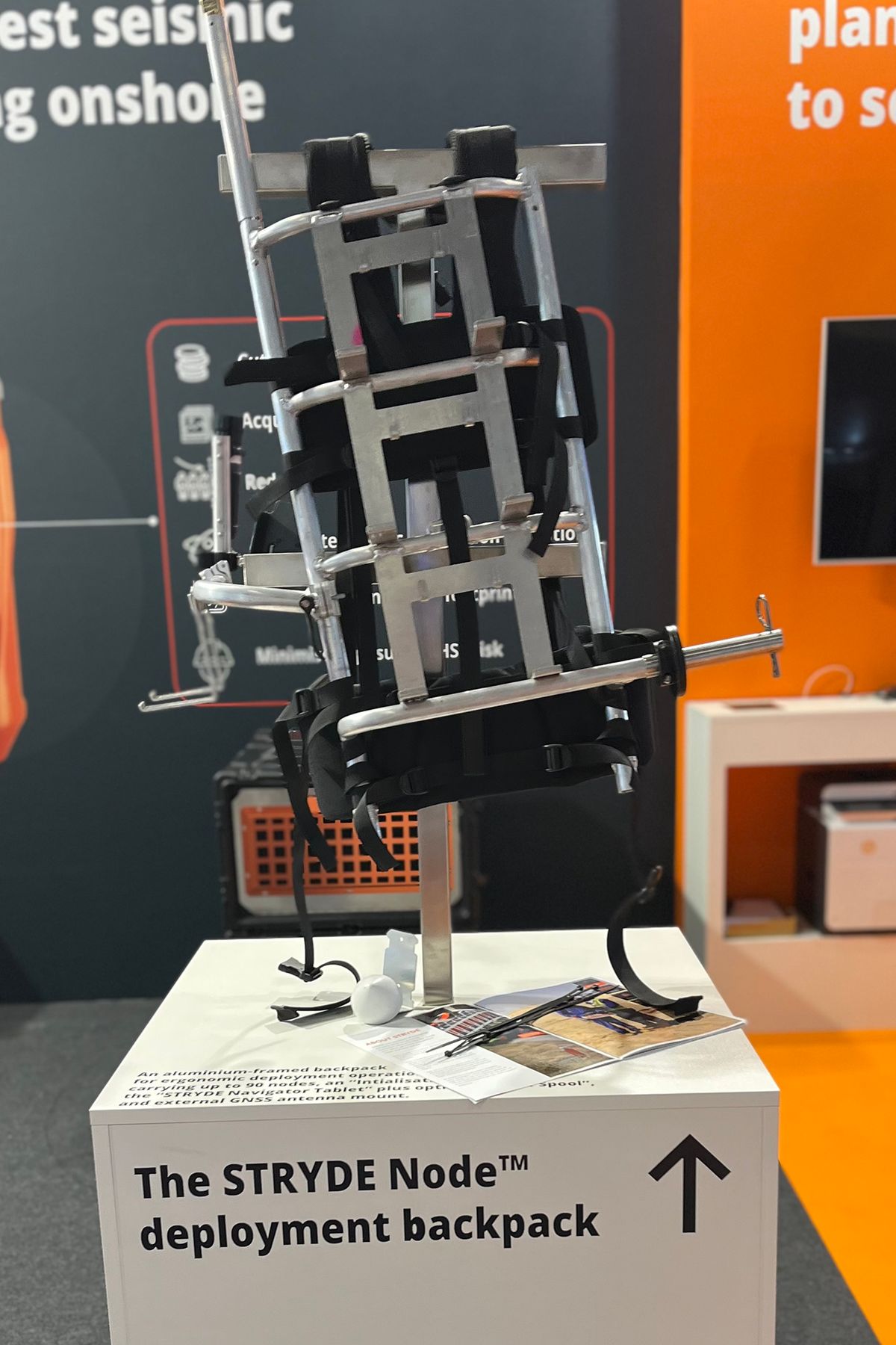The STRYDE Node deployment backpack displayed on a plinth