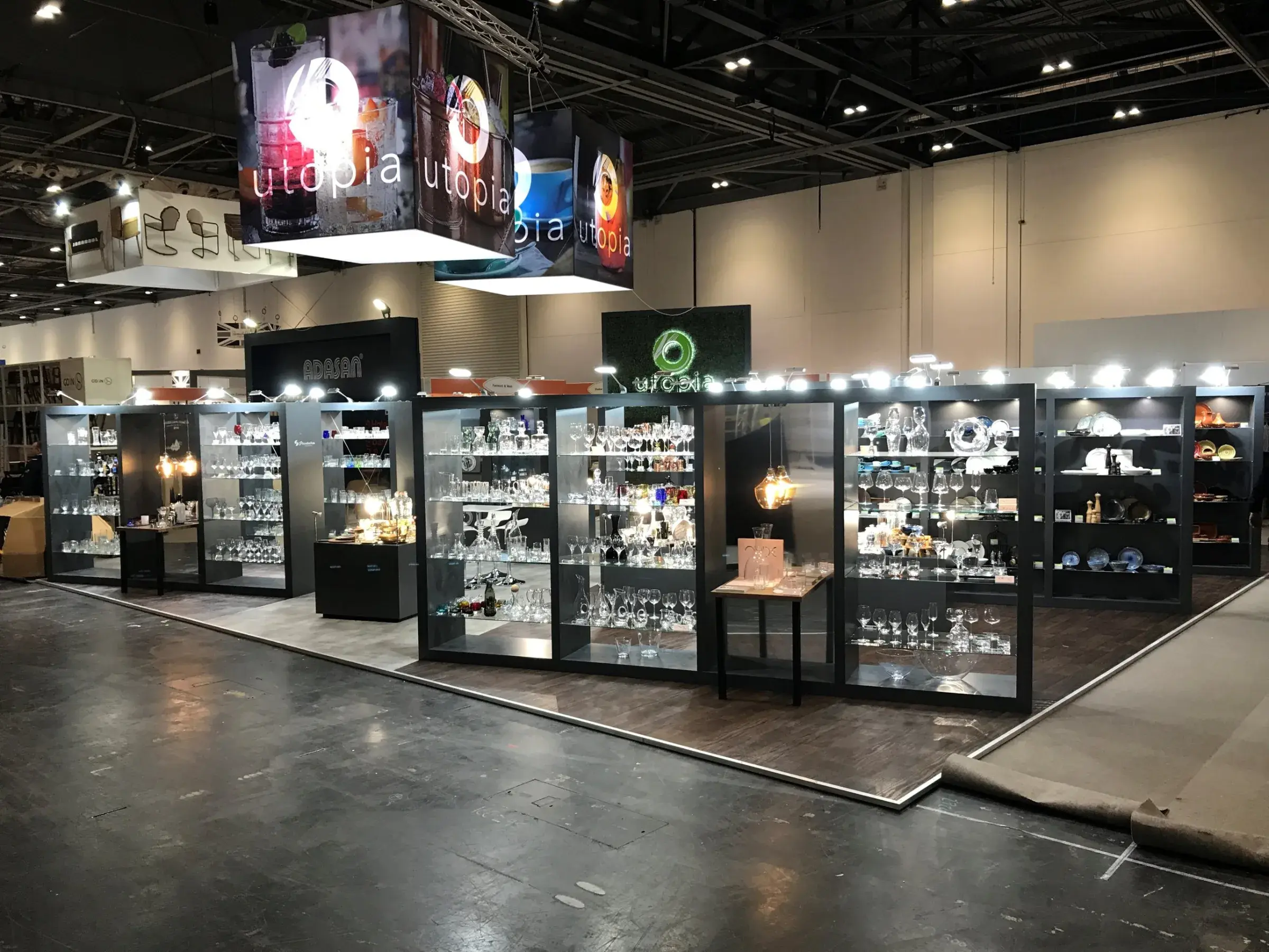 Utopia's exhibition stand at Hotelympia, seen from the aisle